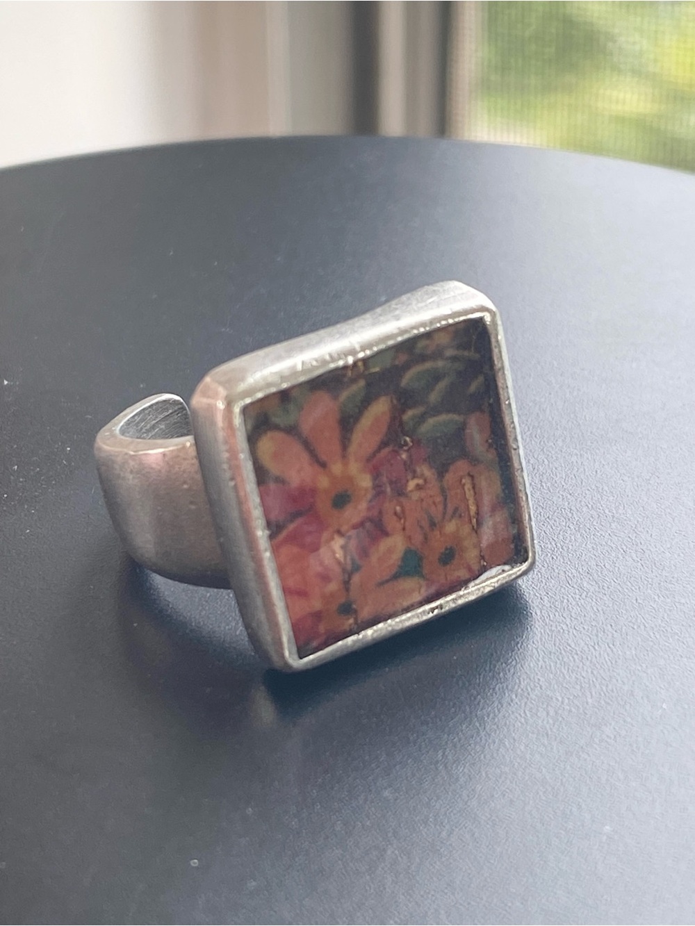 Handmade Square hand painted Floral Resin Ring size 7 - Picture 3 of 9